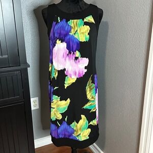 Abstract‎ Floral Sheath Dress Size 8 Sleeveless Black Colorblock Office Artsy